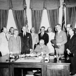 Signing of the NATO Treaty. President Truman stated that: "By this treaty, we are not only seeking to establish freedom from aggression and from the use of force in the North Atlantic community, but we are also actively striving to promote and preserve peace throughout the world." Harry S. Truman, August 24, 1949